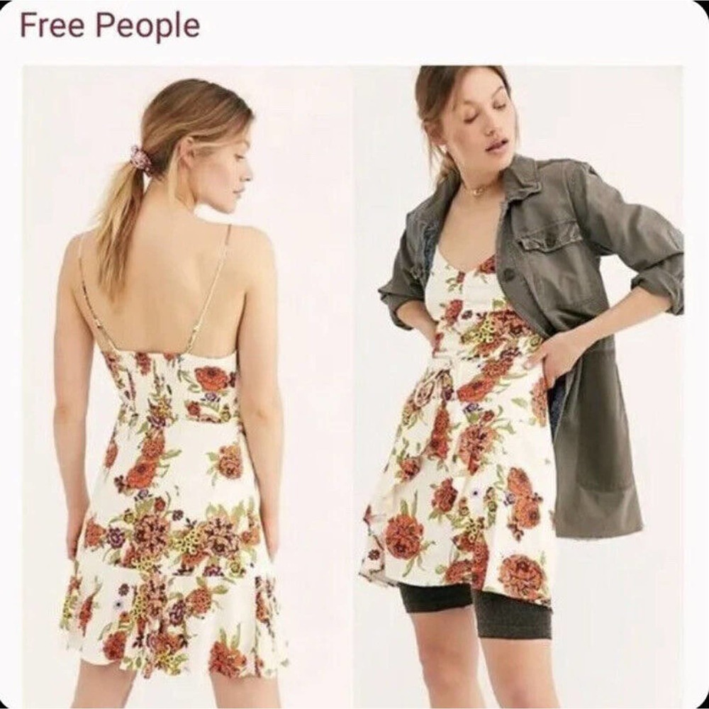 Free People Cream Mini Dress with Red Floral & Green Leaves